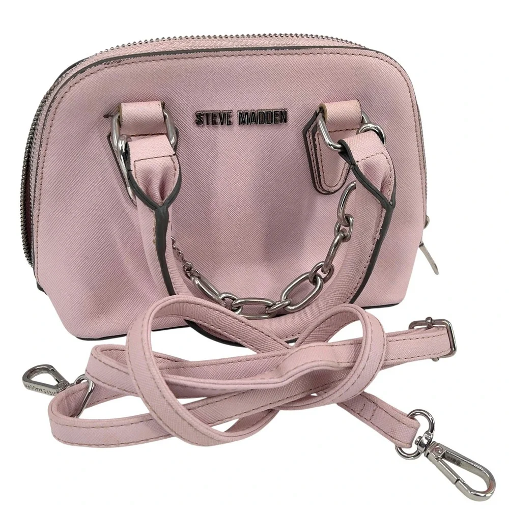 Steve‎ Madden Mini Dome Satchel Pink Saffiano Leather Chain Crossbody Bag Silver